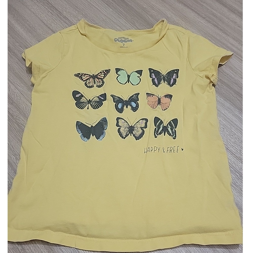 OshKosh B'gosh Girls Yellow Butterfly Graphic Tee Shirt Happy & Free Size 7